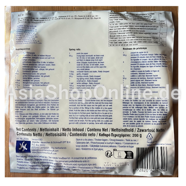 Thailändisches Reispapier zum Frittieren rund 22cm - H&S - 200g Thailändisches Reispapier zum Frittieren rund 22cm - H&S - 200g